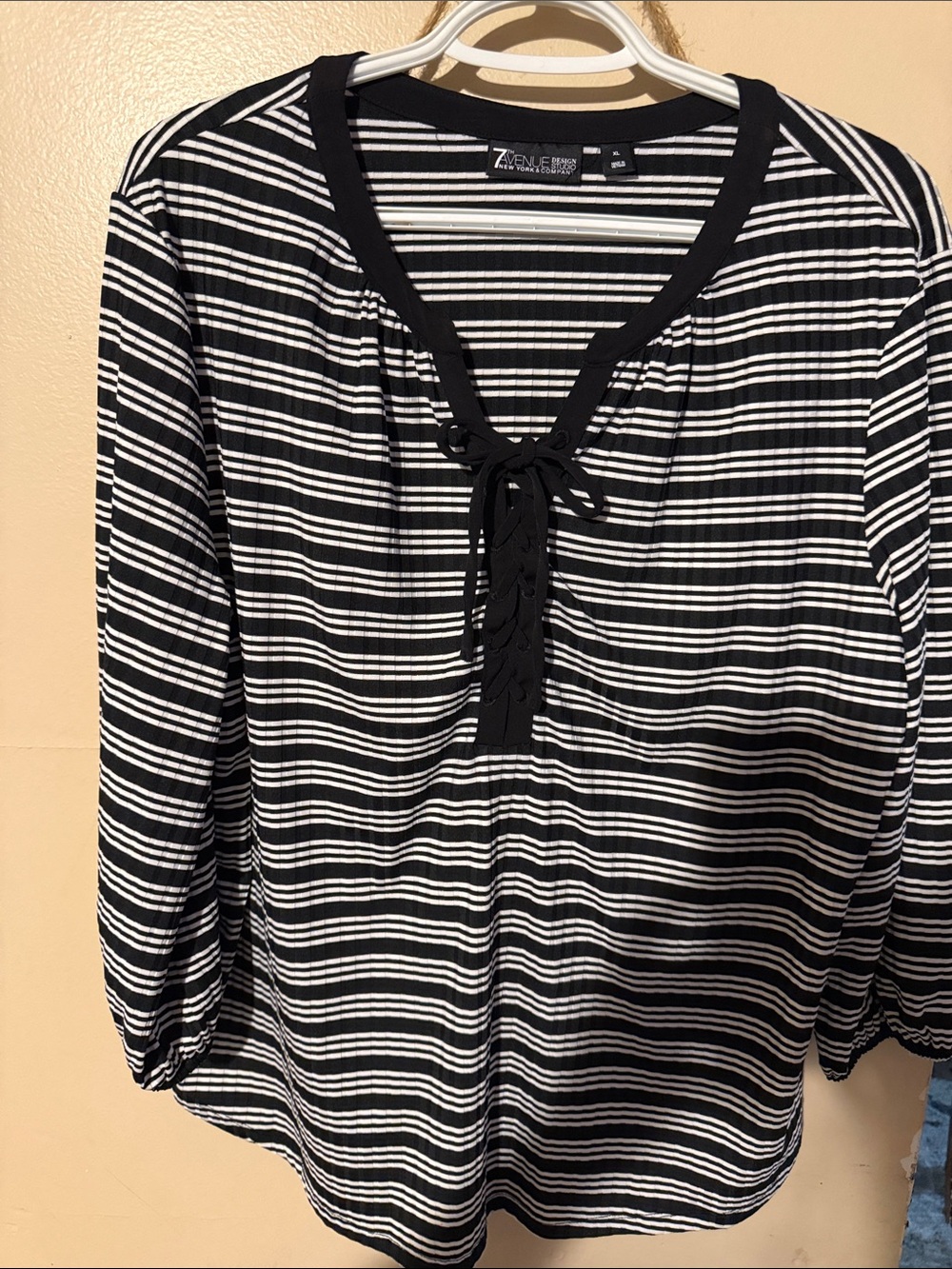 New York & Company Black and White Striped Lace-Up Long Sleeve Top